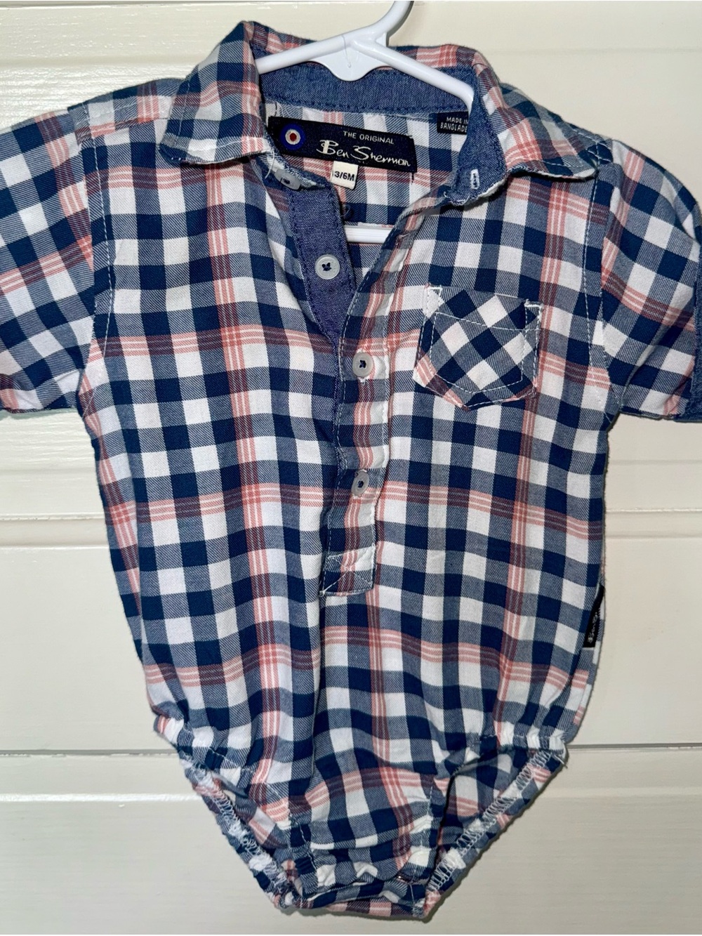 Ben Sherman 3-6M  Baby Boys Navy & Pink Plaid Short Sleeve Romper